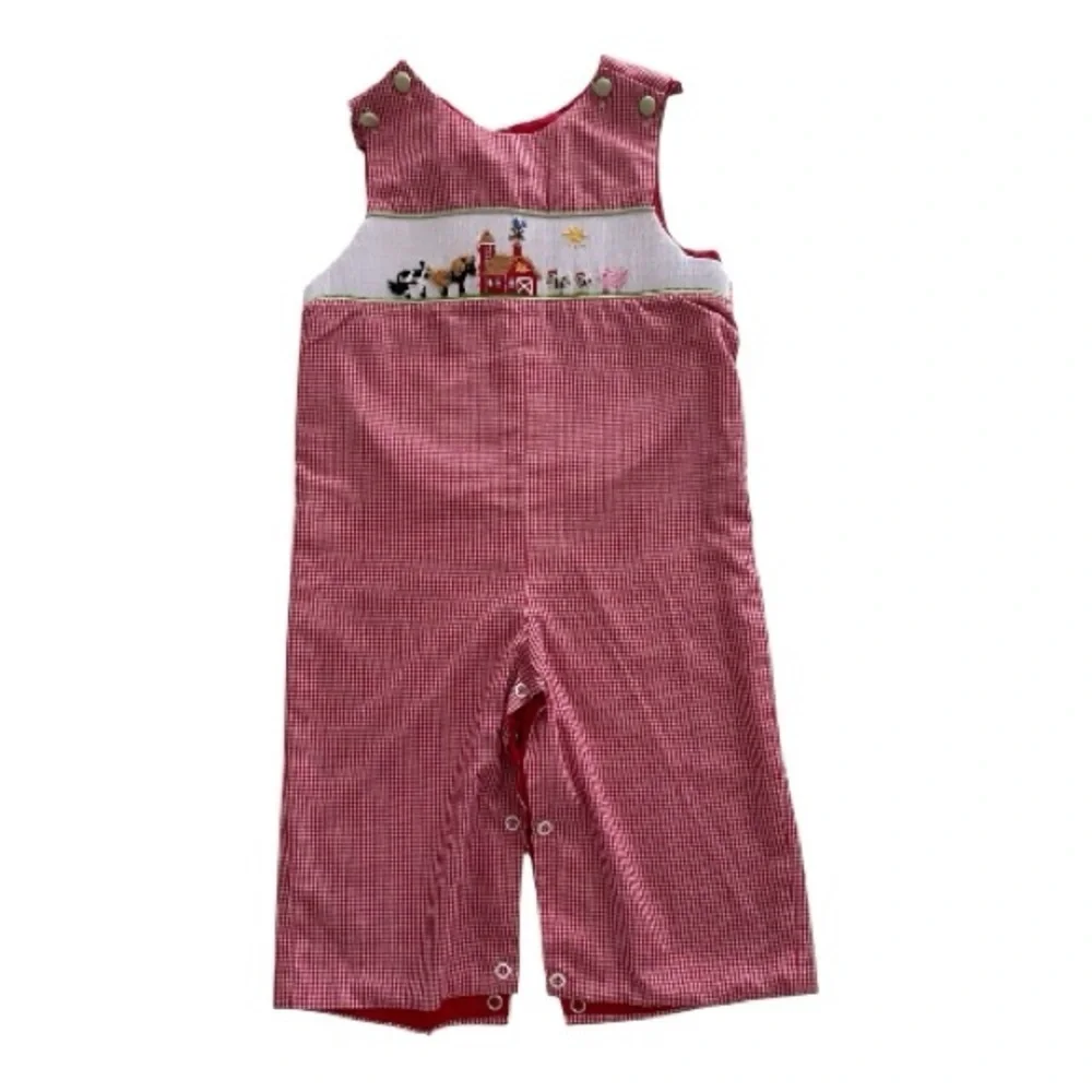 Stellybelly Smocked Overalls, Size 18M, Red Checked Barn & Farm Animals.